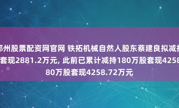 郑州股票配资网官网 铁拓机械自然人股东蔡建良拟减持105万股套现2881.2万元, 此前已累计减持180万股套现4258.72万元